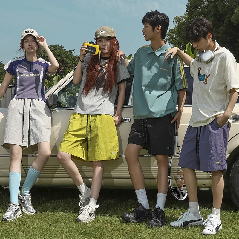 美式刺绣速干短裤男女生夏季薄款宽松多巴胺五分透气舒适沙滩裤子