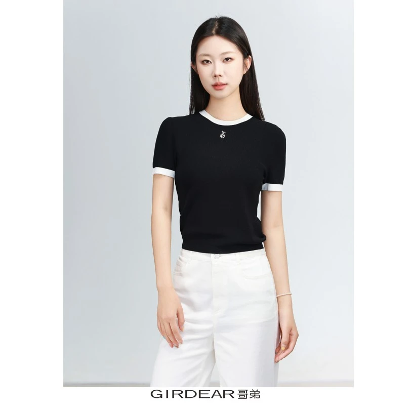 哥弟 品质女装经典百搭舒适时尚拼色小香风短袖套头针织衫138012