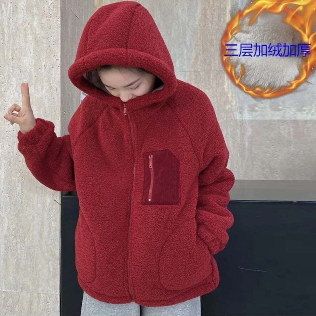新款加绒加厚连帽外套2024冬洋气减龄百搭宽松仿羊羔毛保暖棉衣
