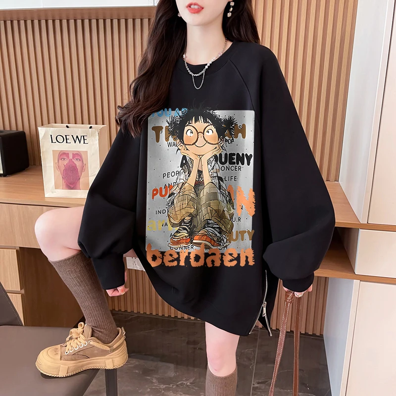 设计感开叉侧拉链卫衣女加绒秋冬季韩版中长款宽松慵懒风卡通上衣