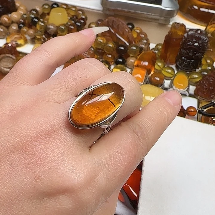 未镶嵌琥珀戒指天然缅甸琥珀特色植物戒指
