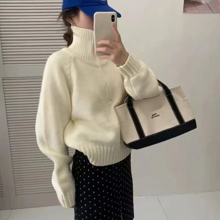 多巴胺半开领拉链毛衣2024冬季新款韩版短款宽松显瘦上衣针织衫女