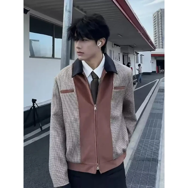 千鸟格翻领外套男春秋款cleanfit高级感拼接上衣美式潮牌格纹夹克
