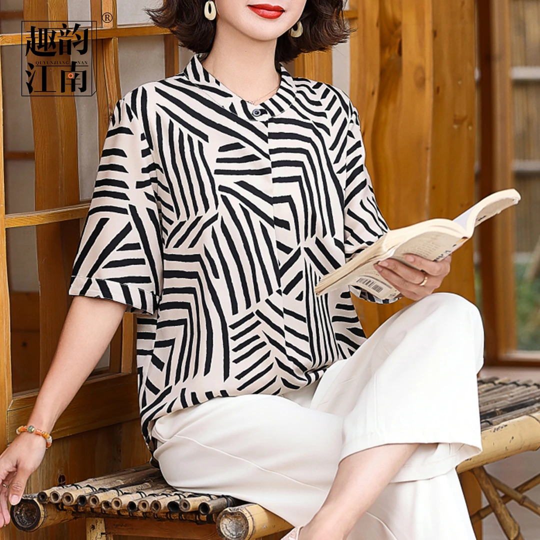 趣韵江南妈妈装夏装宽松时尚上衣中老年女装薄款休闲条纹雪纺衫