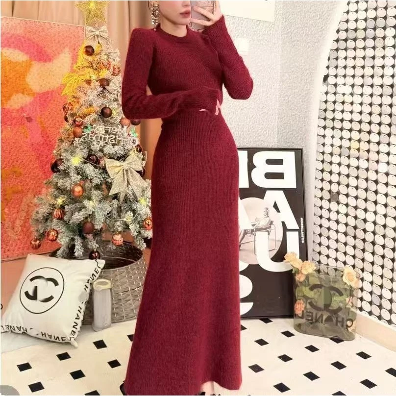 复古气质针织毛衣套装蓝色短款毛衣高腰显瘦长款半身裙