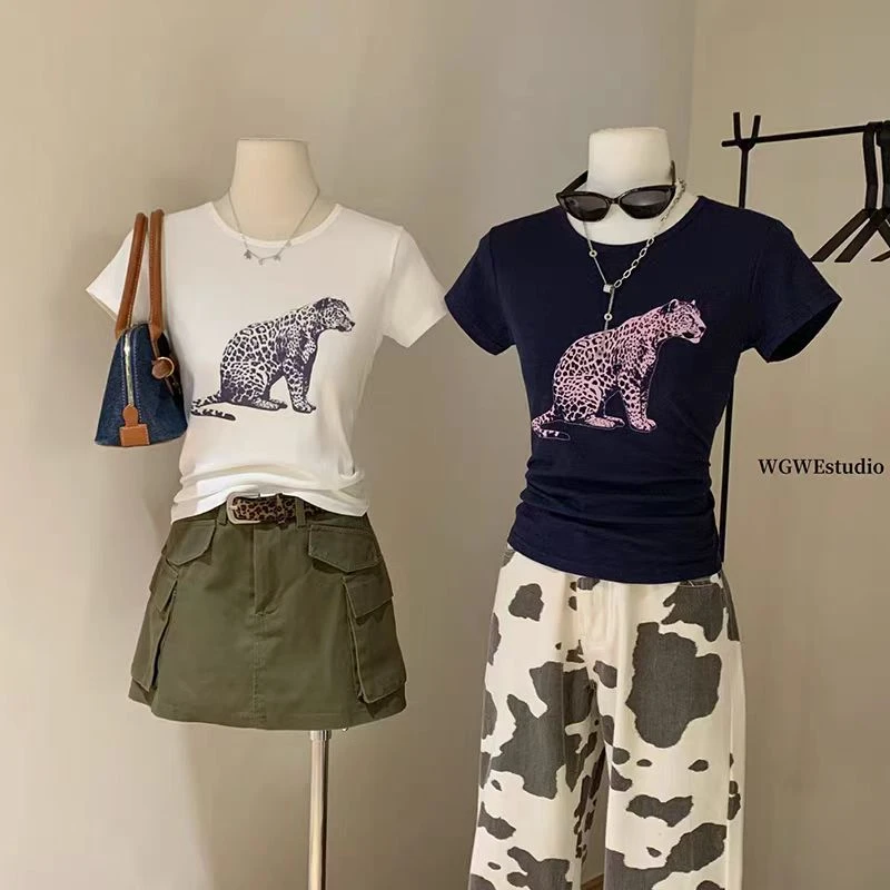 美式复古豹子印花正肩短袖T恤女夏季新款辣妹风修身显瘦性感上衣