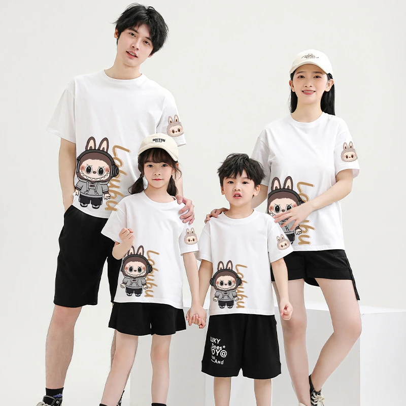 拉布布卡通可爱一家三口装全家短袖纯棉母女装T恤男女衣服童装