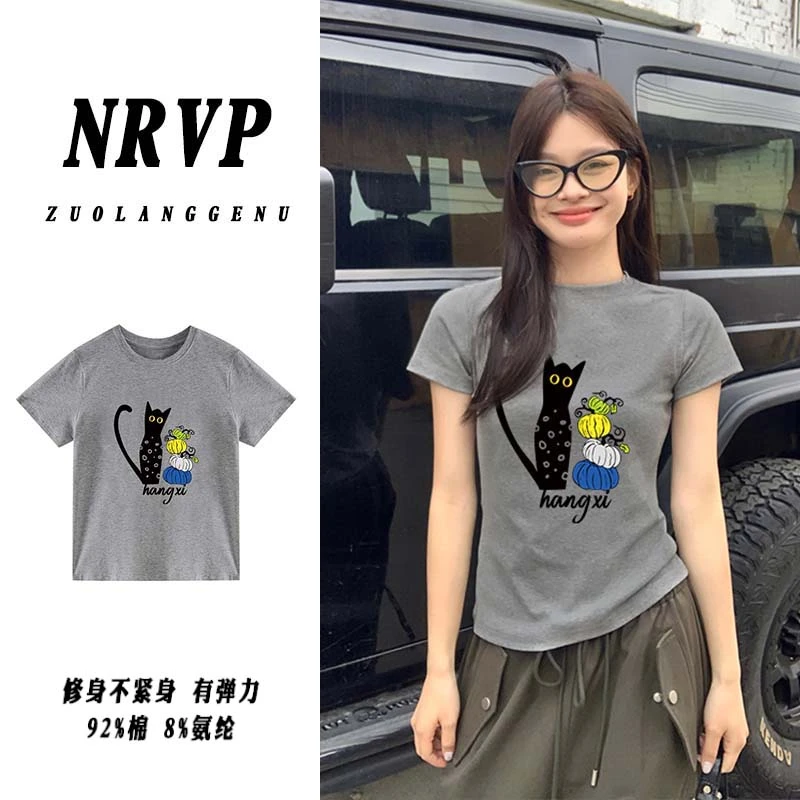 【品质】小个子修身正肩短袖t恤女生韩系猫咪印花高弹力棉显瘦上衣