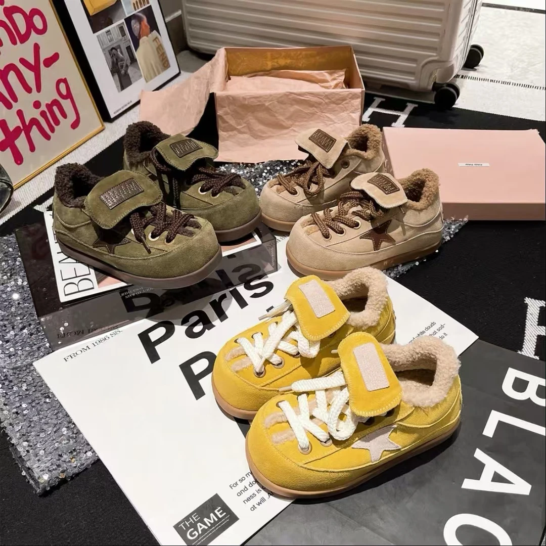 【XK】韩版2025冬新款厚底休闲鞋女百搭加绒棉鞋ins潮面包鞋星星鞋