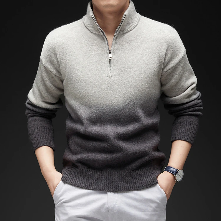 针织保暖毛衣立领绒衫男士拼接针织卫衣潮流长袖针织衫纯色加厚