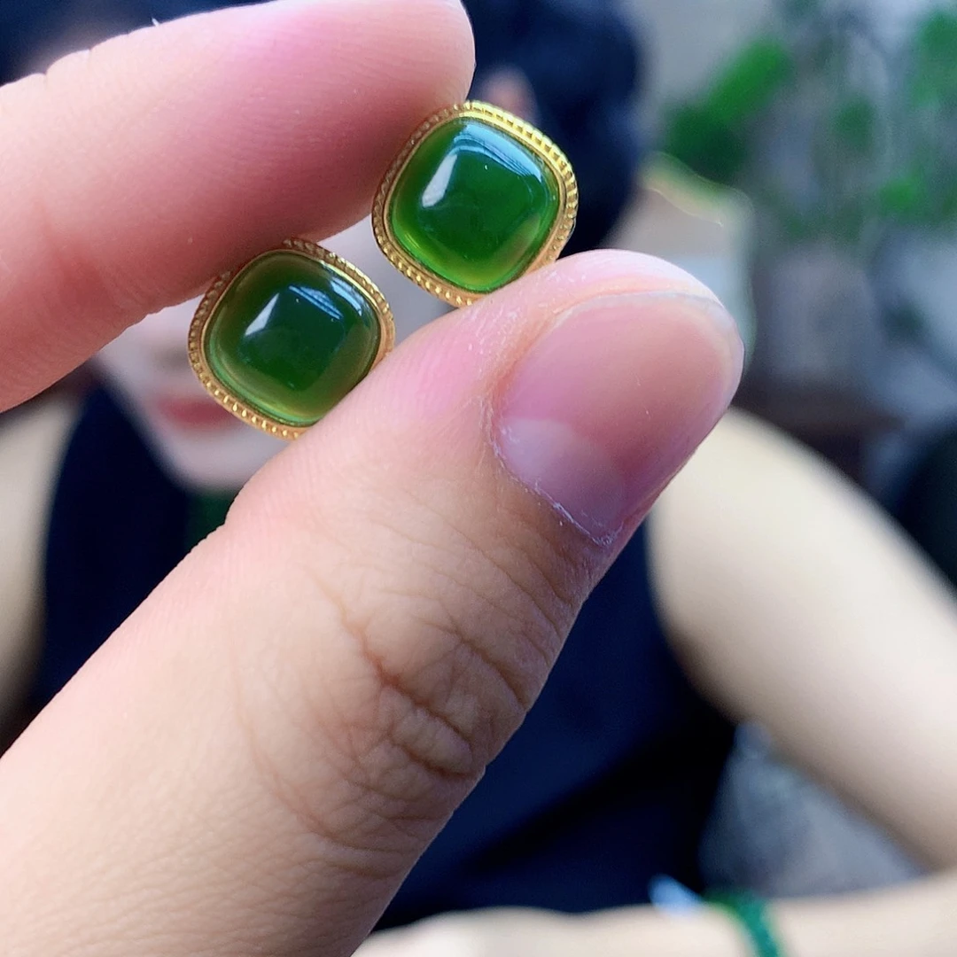 和田玉（碧玉）银S925镶嵌吊坠(不含链)耳钉