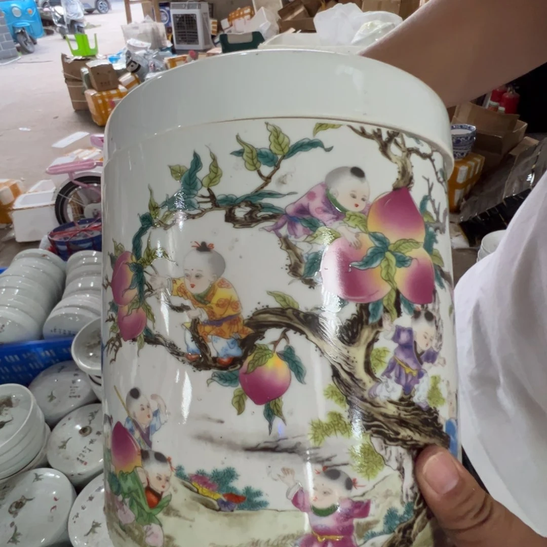 瓷片景德镇陶瓷九子摘桃米缸一只