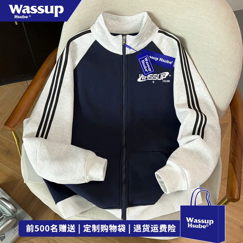 WASSUP HSUBE简约创意字母印花开衫卫衣男秋冬时尚百搭三条杠外套