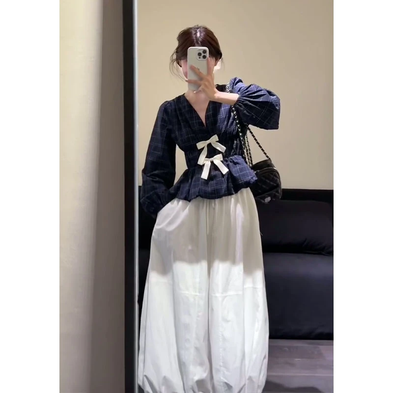2025早秋新款韩系穿搭蝴蝶结收腰格纹长袖上衣气质高腰花苞半身裙
