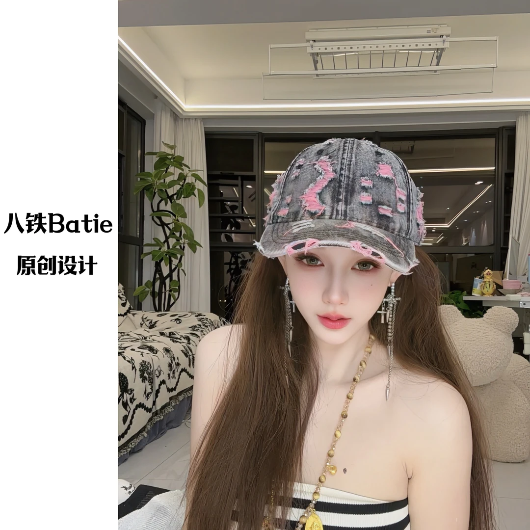 显脸小！！！水洗破洞复古鸭舌帽牛仔时尚网红韩版百搭