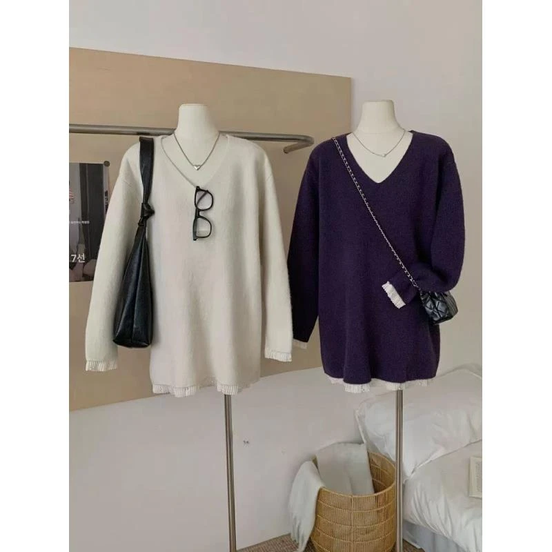 冬季新款重工设计感v领拼接花边潮流气质时尚显瘦减龄针织毛衣-G