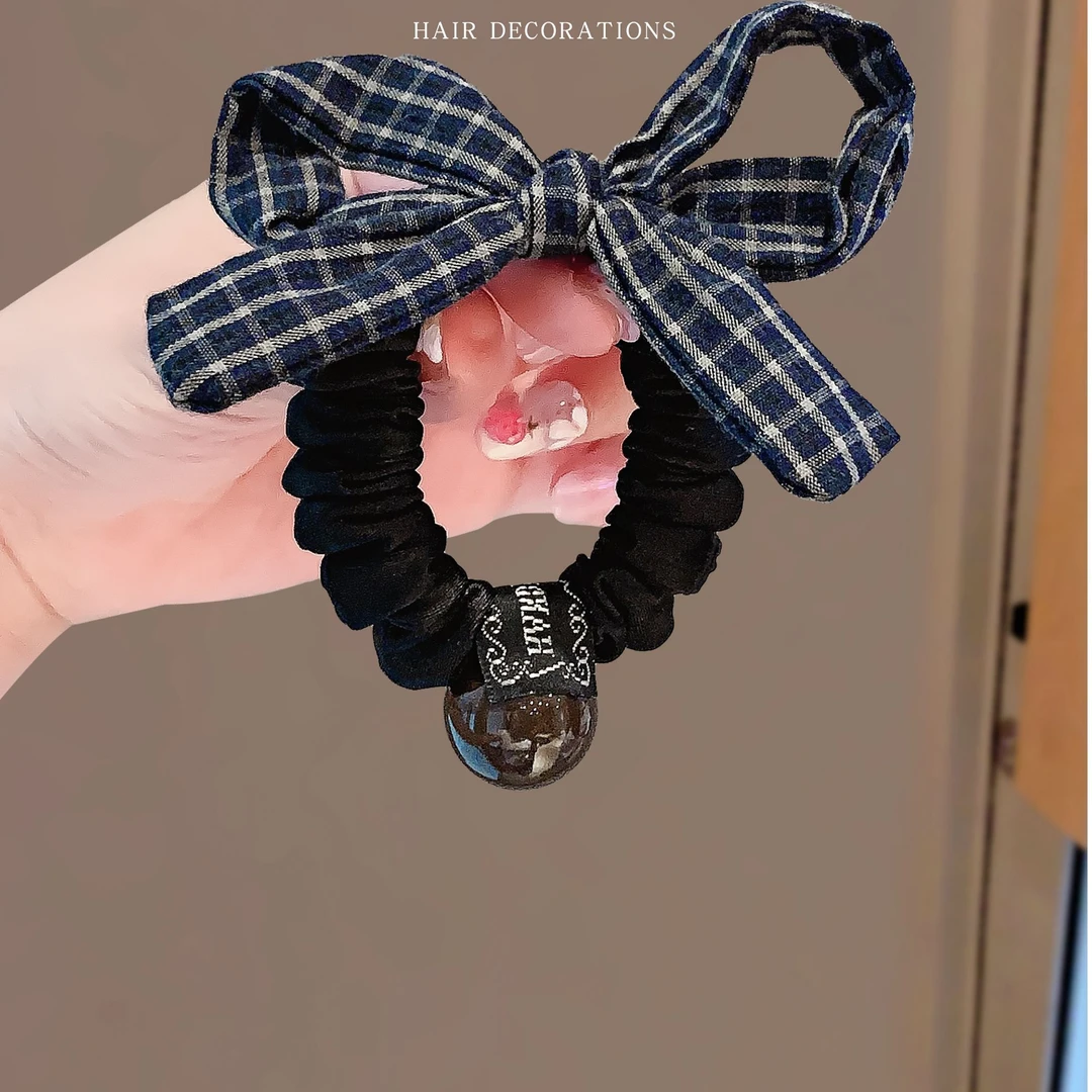 ins蓝色格纹蝴蝶结小众发圈温柔百搭复古发绳高弹力珍珠皮筋皮套