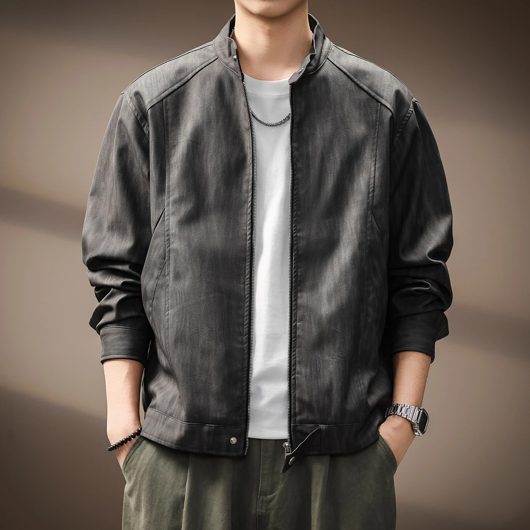 高端纹理感机车立领皮夹克男士2025秋季新款宽松美式复古皮衣外套