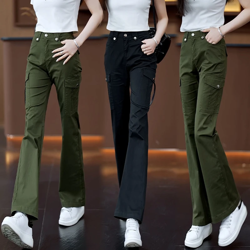 工装裤女百搭春夏新款韩版高腰显瘦多袋休闲微喇裤户外运动喇叭裤