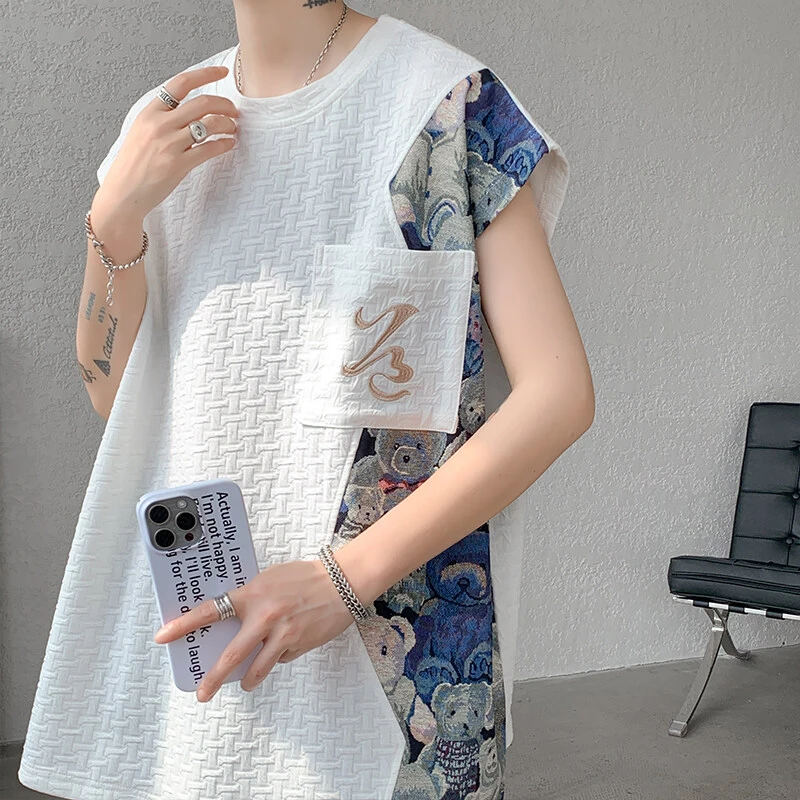 新中式国风小熊拼接背心男夏季潮牌痞帅炸街小众设计坎肩无袖上衣