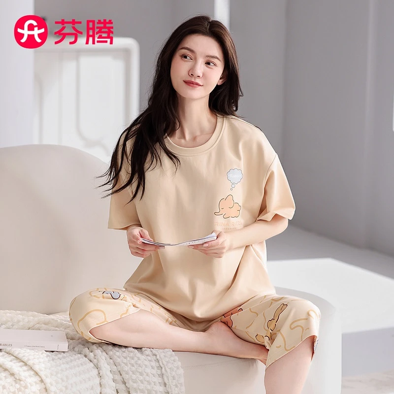 芬腾100%棉圆领薄款甜美卡通短袖家居七分裤女睡衣套装