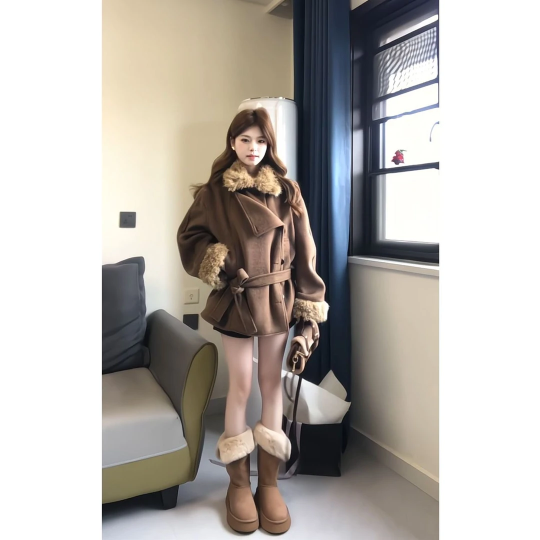 韩系高级感气质咖色毛绒拼接加厚外套女冬季新款百搭显瘦毛呢大衣