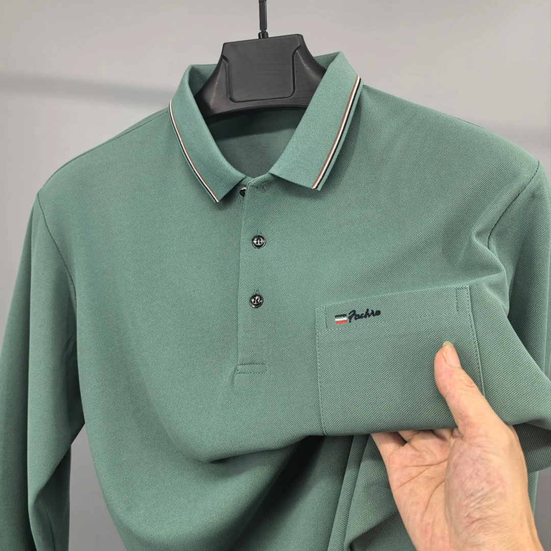 秋季新款男士长袖polo衫翻领纯色带口袋t恤商务休闲男装上衣轻奢