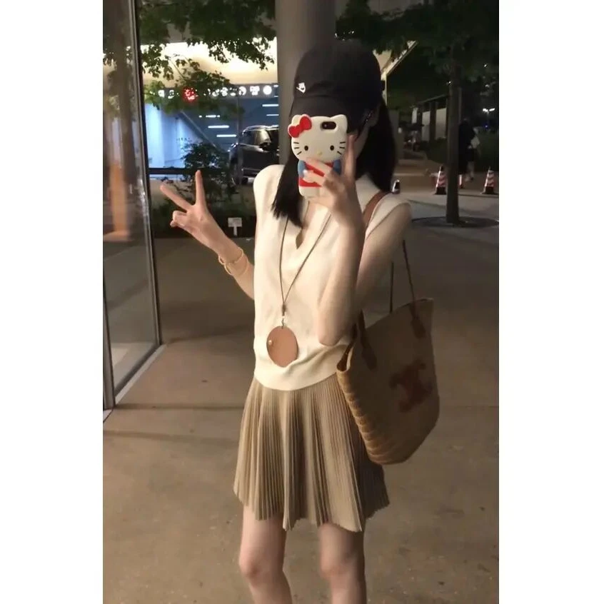 洋气休闲装polo领无袖上衣小个子穿搭夏季高腰显瘦百搭半身裙短裙