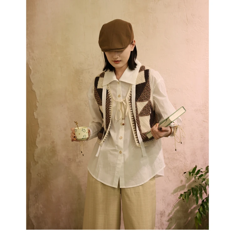 西町村屋文艺设计绑带外套女春季新款简约百搭翻领上衣XHAA10352