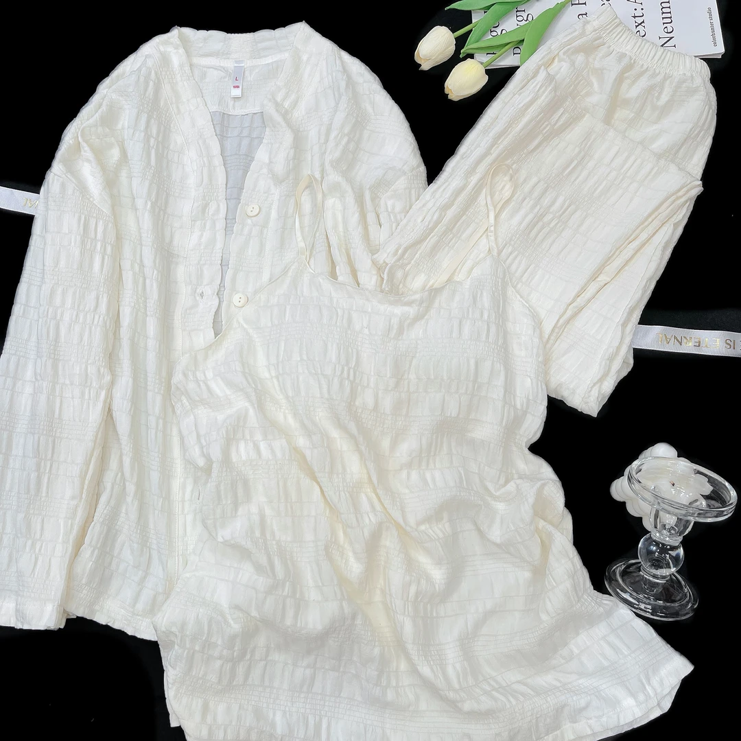 春季新款长袖睡衣女三件套开衫吊带长裤休闲甜美可外穿家居服套装