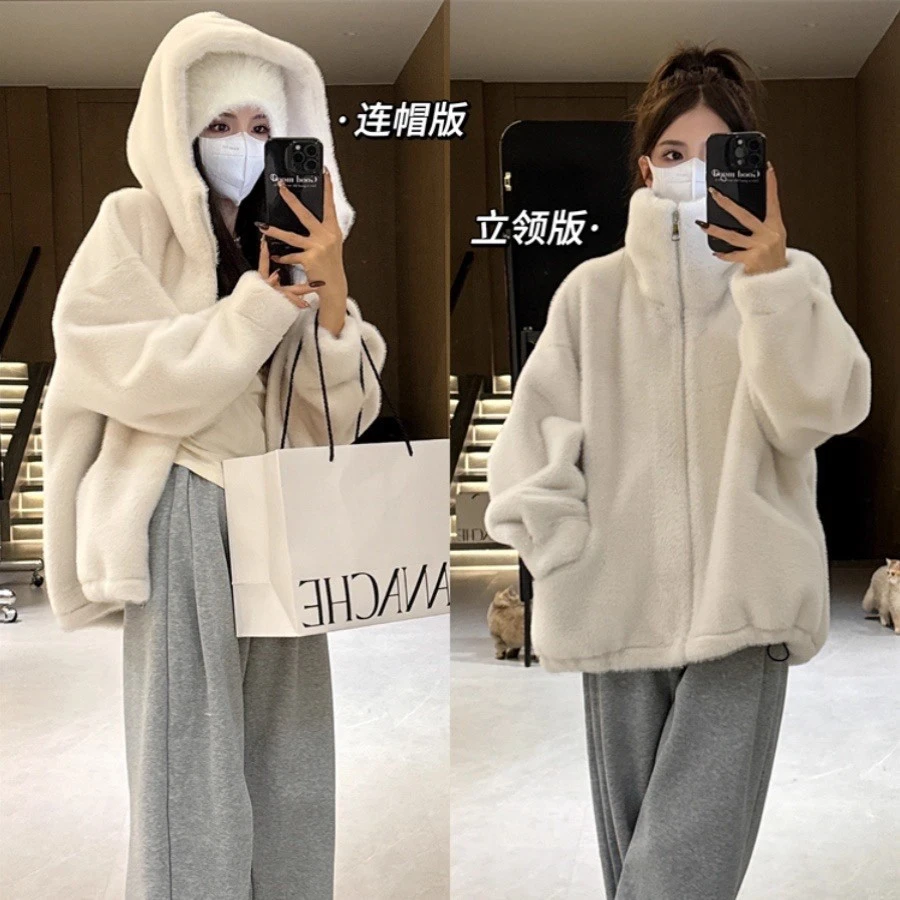 人造皮草 秋冬新款外套女仿水貂绒仿皮草毛毛外套加厚连帽立领