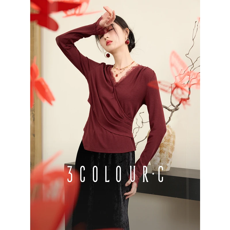 三彩【浣花弄影】2025春季新款新中式睫毛蕾丝T恤修身长袖套头C