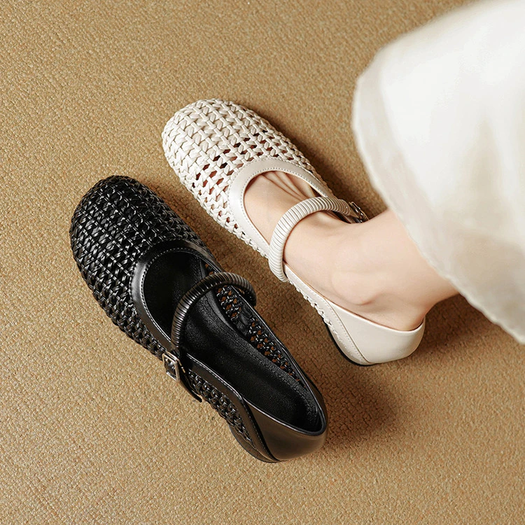 牛皮+编织2.5cm法式圆头镂空玛丽珍舒适时装凉鞋粗跟女百搭一脚蹬
