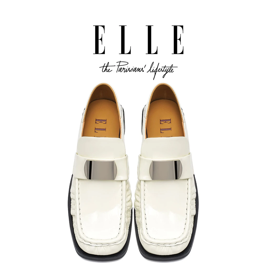 ELLE【可踩跟两穿】厚底方头乐福鞋女英伦小皮鞋金属扣通勤商务单鞋