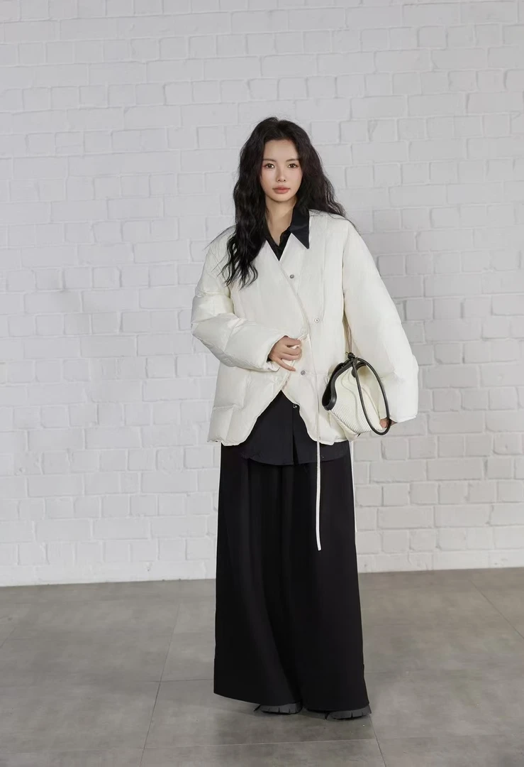 设计师款交叉系绳羽绒服韩系v领小众款23118