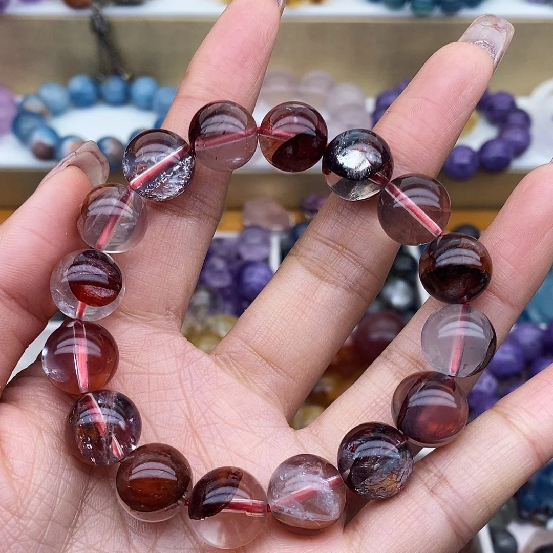 烟晶手链未镶嵌牛血红胶花