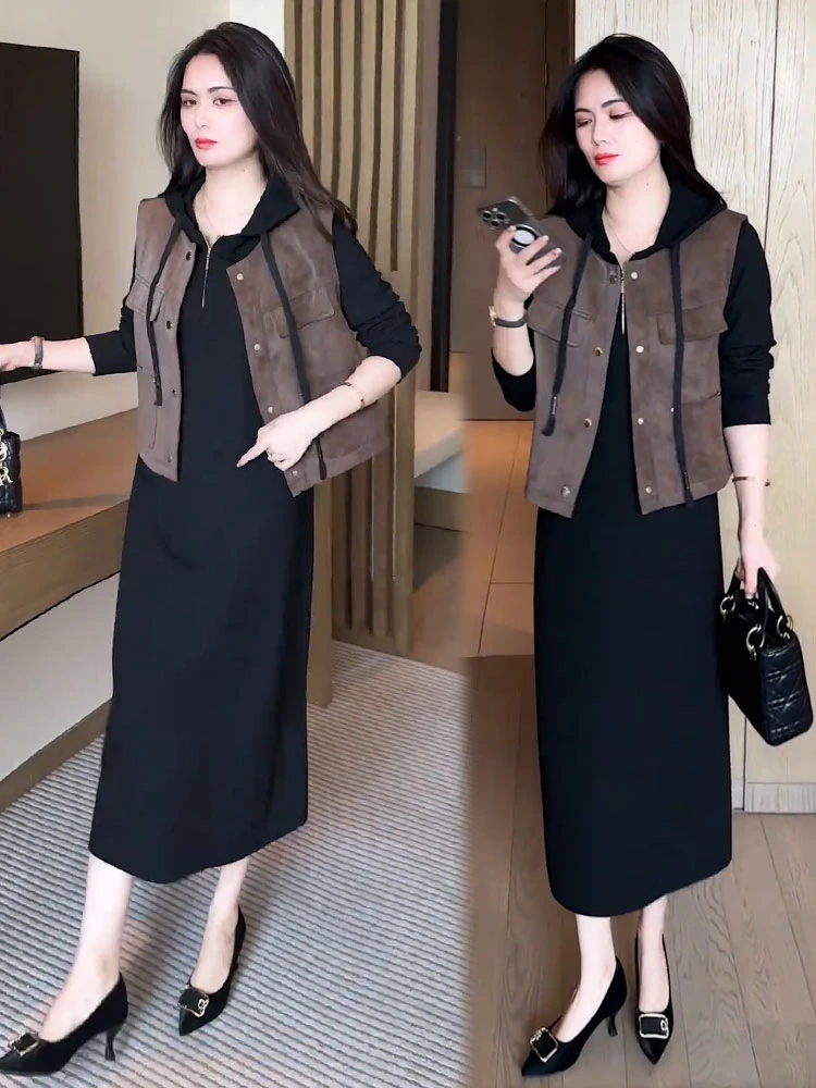 2025秋季新款时尚套装裙女时髦洋气麂皮绒马甲连帽卫衣裙两件套裙