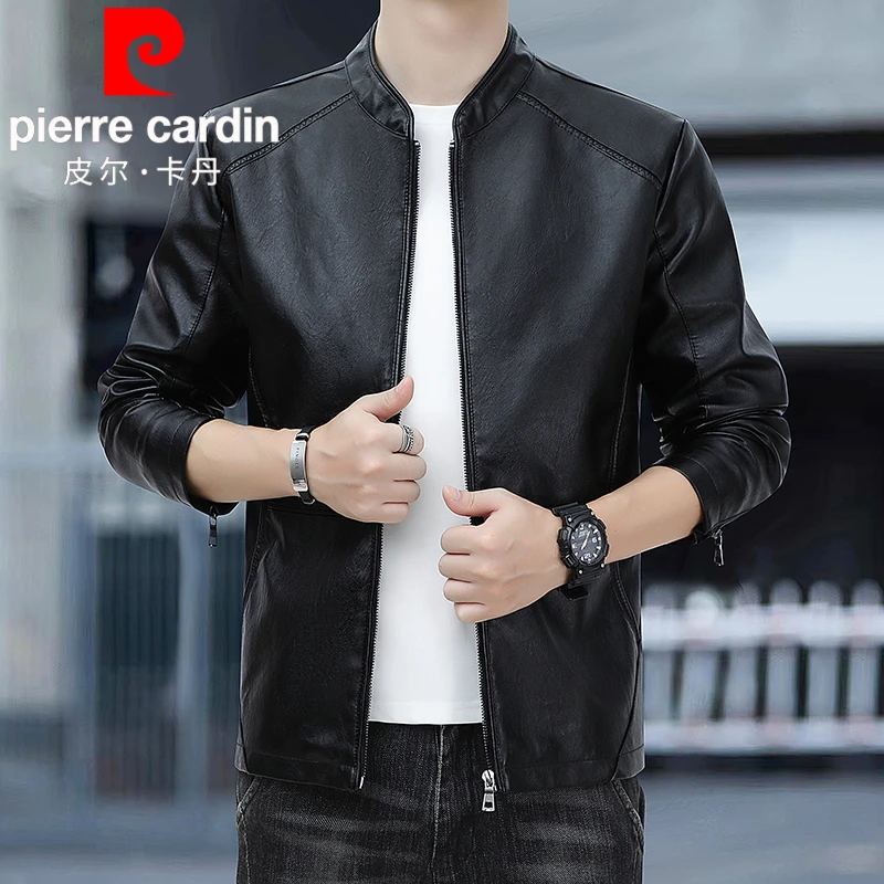 皮尔卡丹皮衣外套春秋新款时尚潮流修身夹克帅气立领休闲皮夹克