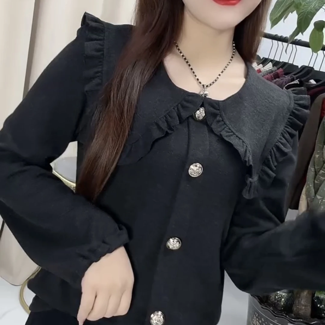 纯色长袖打底上衣时尚气质宽松显瘦花边娃娃领T恤百搭洋气春秋款