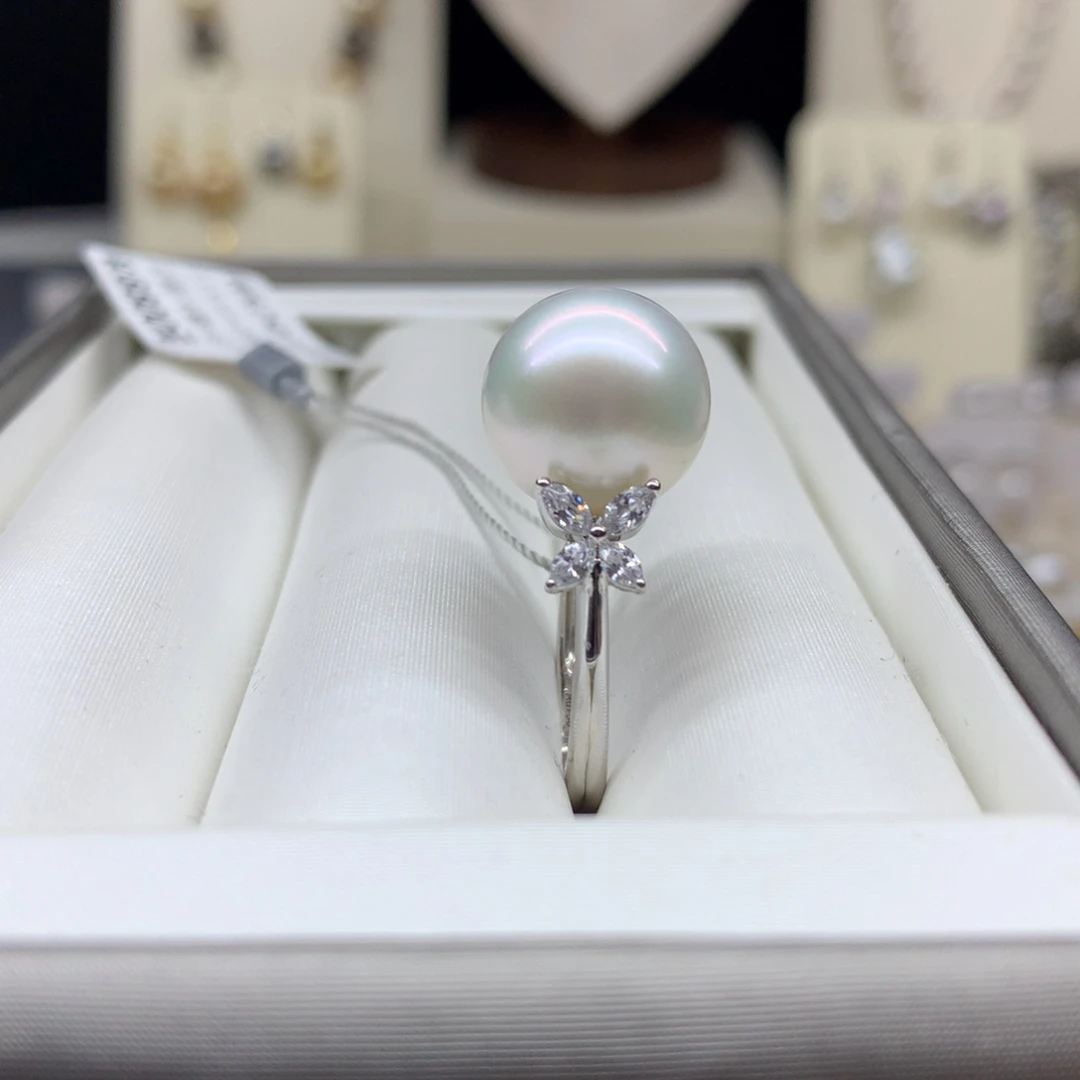 海水珍珠18K金镶嵌戒指13.5mm澳白戒指