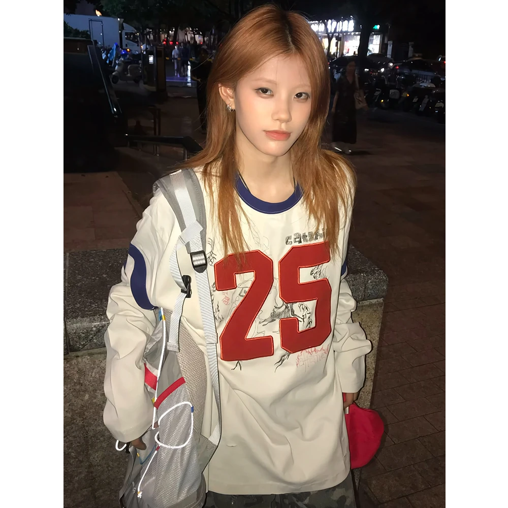 复古潮流撞色刺绣长袖T恤女秋季新款涂鸦印花街头美式宽松ins上衣