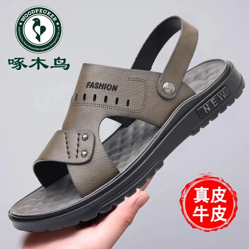 啄木鸟凉鞋男2025新款外穿真皮沙滩鞋男防滑软底两用开车凉拖鞋子