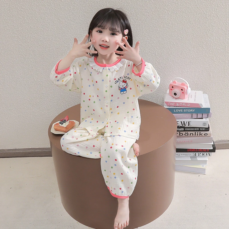 女童纱布睡衣春秋甜美可爱女孩宝宝长袖空调服儿童纯棉家居服套装