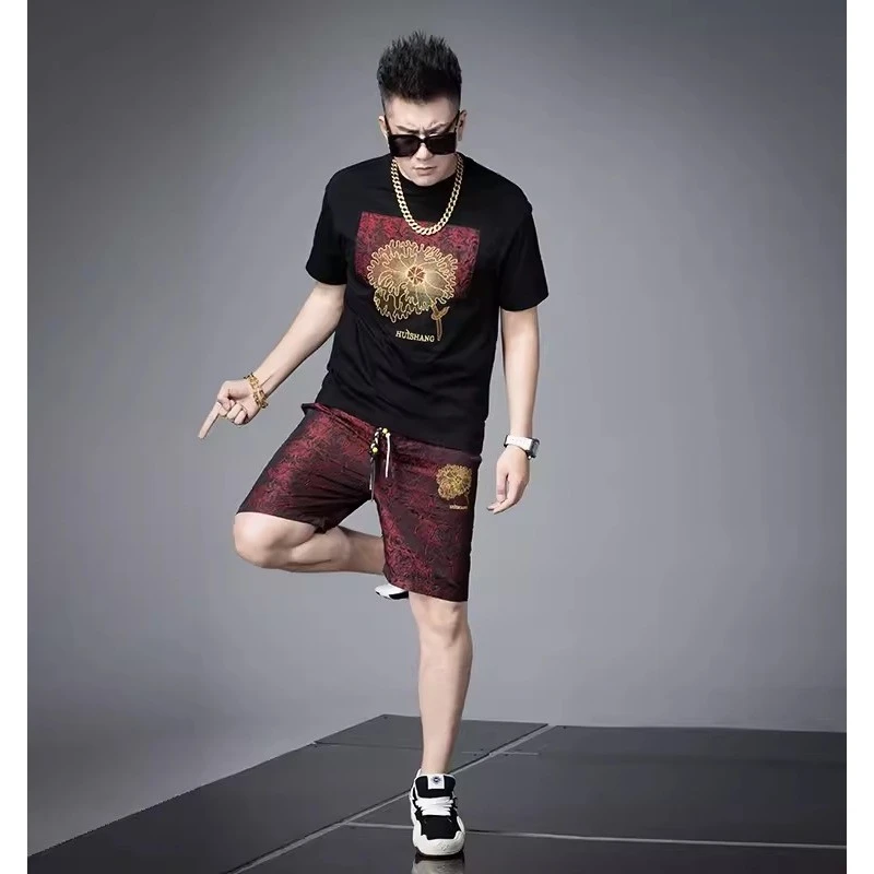 欧货潮牌男士夏装短裤套装2025新款潮牌玫瑰刺绣短袖T恤休闲一套