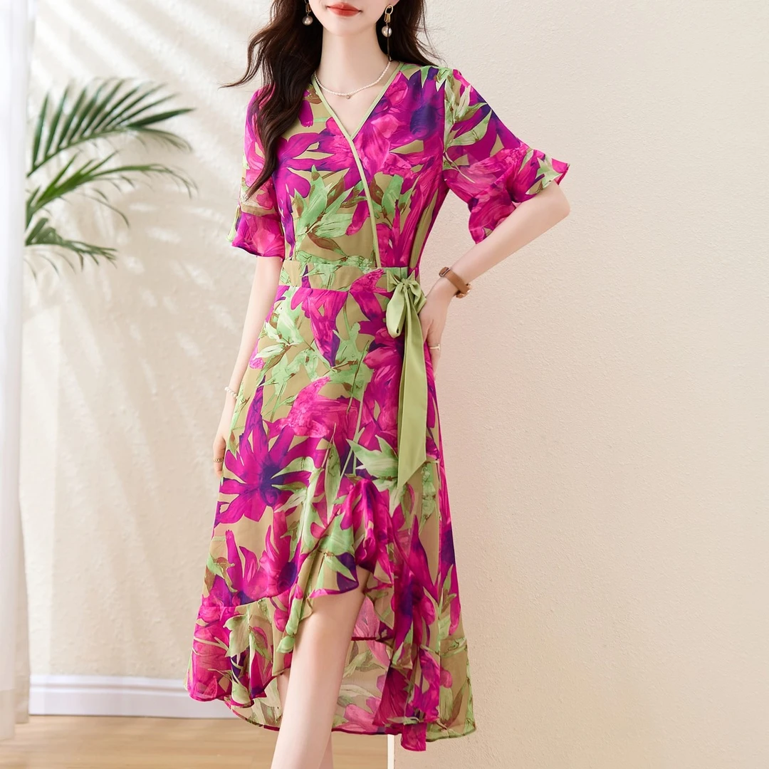 高级感印花雪纺连衣裙女夏2025新款气质减龄海边度假荷叶边鱼尾裙