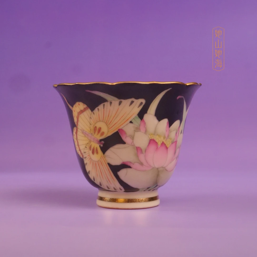 她山她海【了物玄塘蝶影观云杯】高温陶瓷手绘素宣釉轻奢主人杯