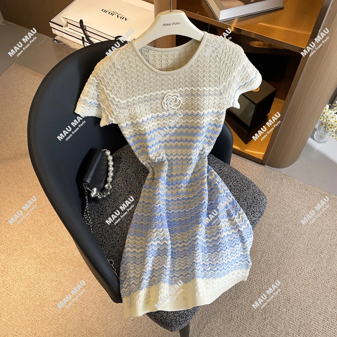 法式小香风渐变色条纹短袖连衣裙女新款修身显瘦群DY8066