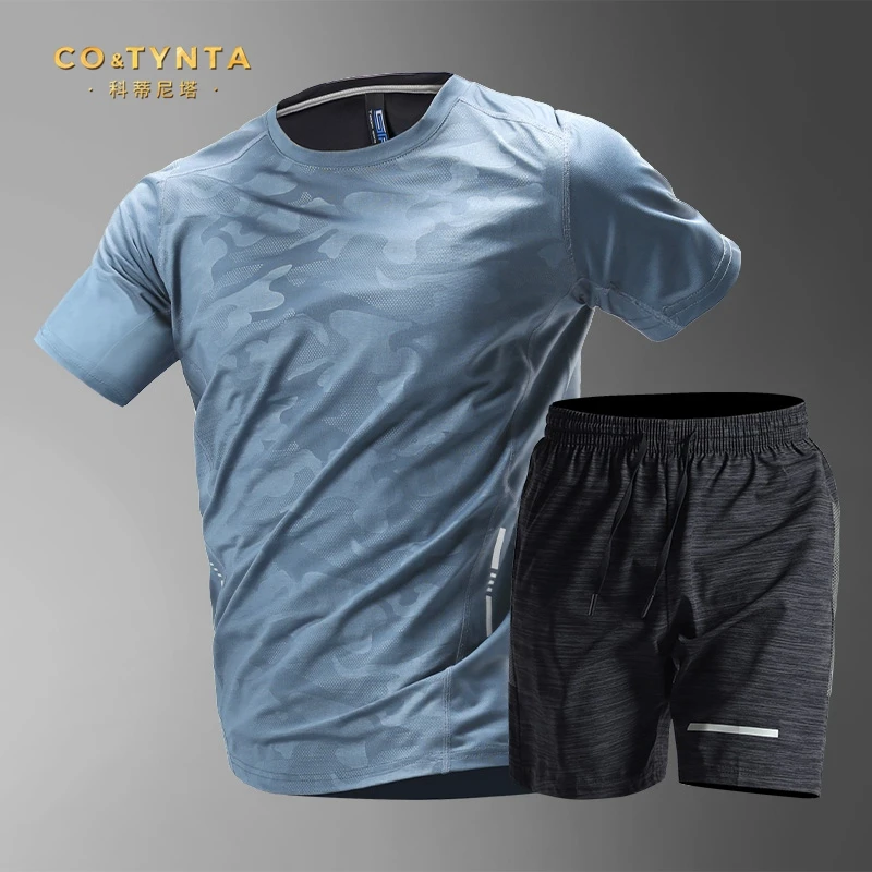 COTYNTA运动套装男夏季冰丝薄款跑步短袖新款衣服健身速干羽毛球