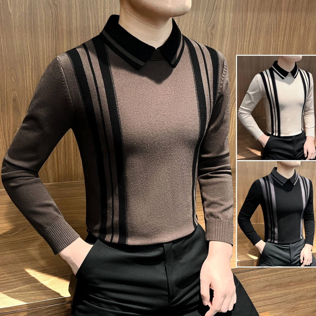 条纹假两件针织衫男装秋季款爆款2025新款痞帅高级感打底衫休闲男