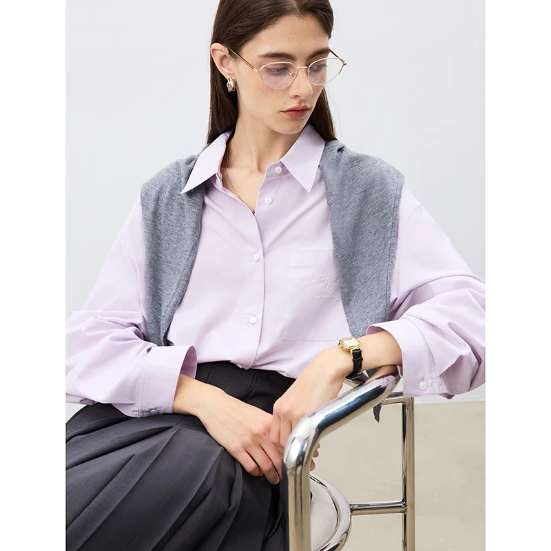 自巧自巧小个子女装长绒棉慵懒撞色披肩白衬衫衬衣上衣 25ZQ91159